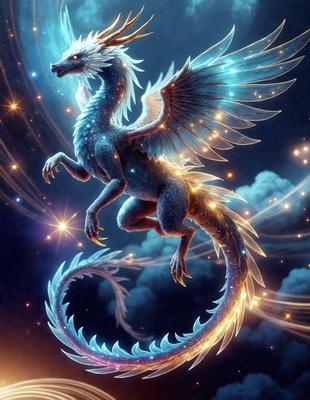 The primary subject of the image is a blue and white dragon, which is the main object, scene, or focus of the image. The dragon is depicted in a digital art style, with a blue and white color scheme. The setting or background of the image features a cloudy sky, which adds to the overall atmosphere of the scene.